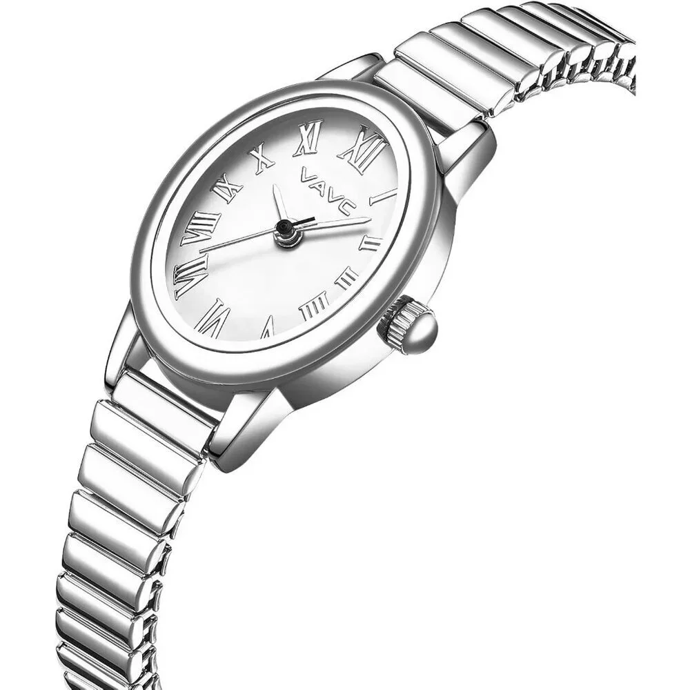 Women's Silver Watch with Stainless Steel Expansion Band Oval Case Roman Dial